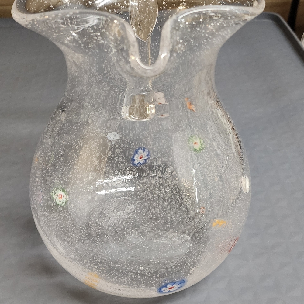 Hand blown clear bubble glass pitcher with flowers 9" beautiful flared top - Picture 8 of 11